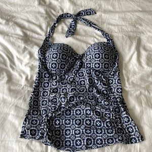 Navy blue and white print halter swim top, built in bra, ruching in stomach area